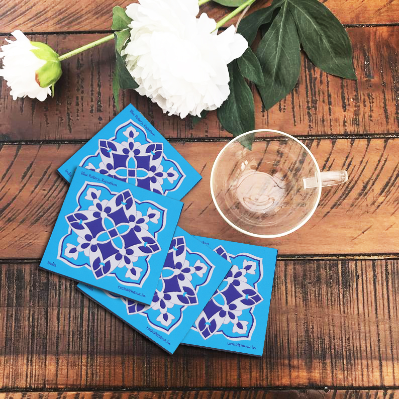 Blue Pottery Jaipur MDF Coaster Set with Holder